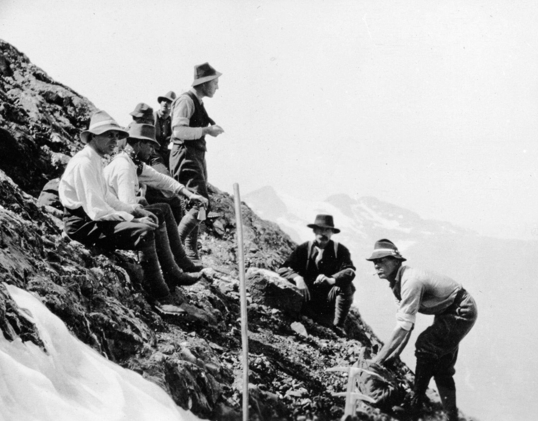 Climbers taking a break during the 1912 ascent of Elkhorn Mountain by ACC. Herbert Frind photo