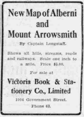 Ad for “New Map of Alberni and Mount Arrowsmith” by Captain Longstaff. $5.00