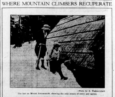 Where Mountain Climbers Recuperate: The hut on Mount Arrowsmith, showing the only means of entry and egress. Photo by R. Westmoreland
