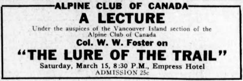 Press clipping of the announcement that Col. W. W. Foster will speak. "The Lure of the Trail"