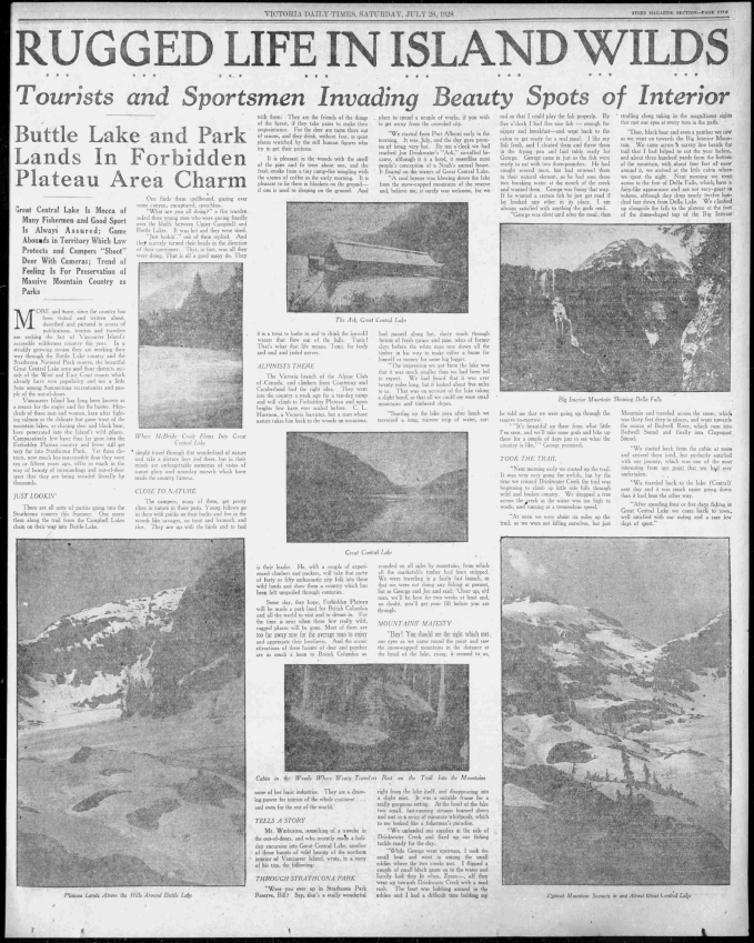 Victoria Daily Times full-page spread with the headline “Rugged Life in Island Wilds, Tourists and Sportsmen Invading Beauty Spots of Interior..”