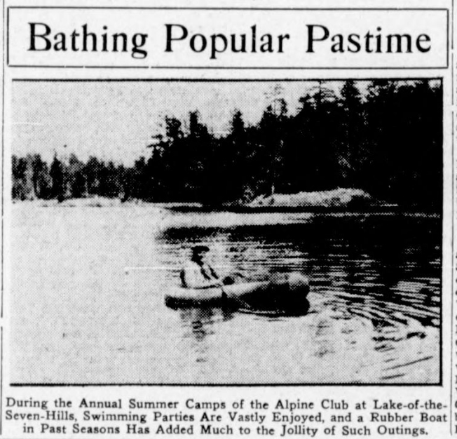 During the Annual Summer Camps of the Alpine Club at Lake-of-the-Seven-Hills, Swimming Parties Are Vastly Enjoyed, and a Rubber Boat in Past Season Has Added Much to the Jollity of Such Outings.