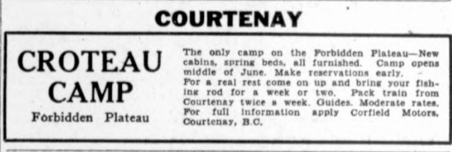 A newspaper ad for the Croteau Camp to Forbidden Plateau