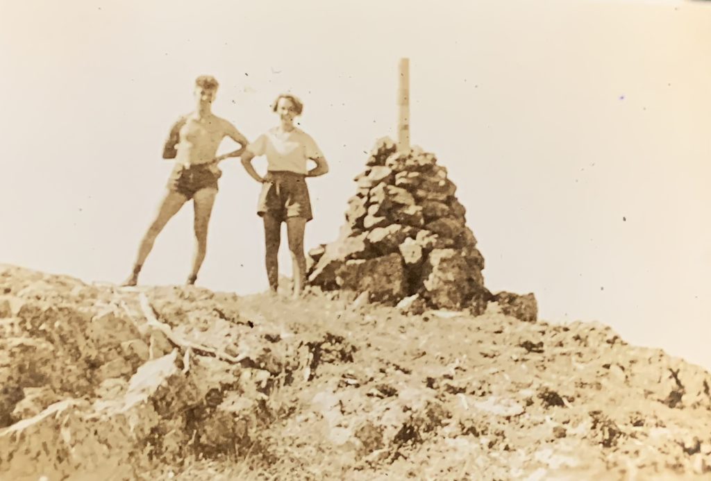 Two people on the summit of Mt. Arrowsmith Labor Day, September 1935 – Cecil Frampton photo.