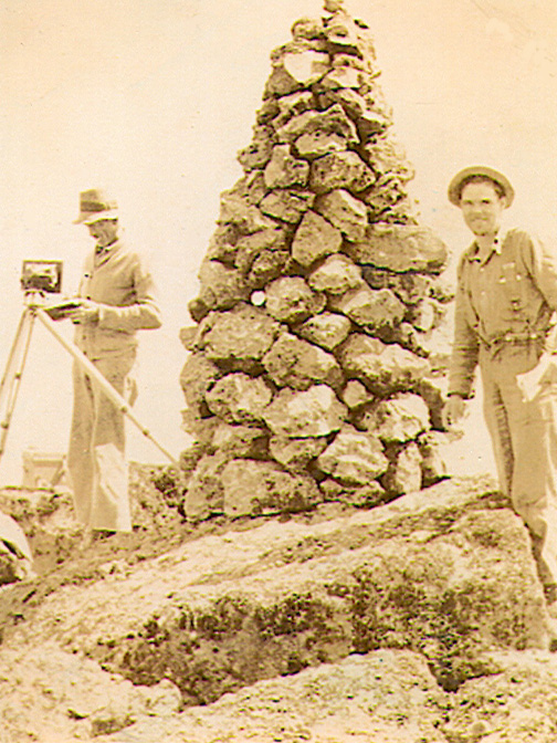 Bill Moffat (left) and George Colwell standing beside the cairn on the summit of Kings Peak 1936 – Bill Bell photo.