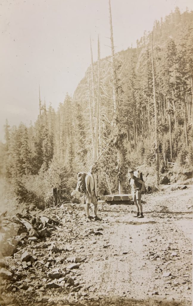 Brain Tobin and Joe Andrews walking the logging road - Cecil Frampton photo.