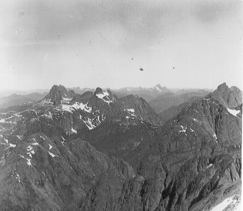 Mt. Colonel Foster left, Rambler Peak centre and Elkhorn Mountain right 1937.