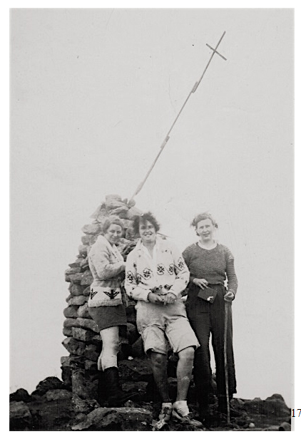 Lillian Young, May Hogben and unknown on the summit of Mt. Albert Edward 1938.