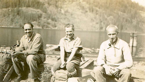 Adrian Paul, Ruth Masters and Geoffrey Capes ready to leave Comox Lake for the Comox Glacier 1938.