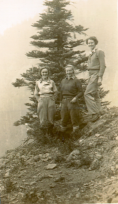 Katherine Capes, Ruth Masters and Margaret “Peggy” Sillence on route to the Comox Glacier 1938.