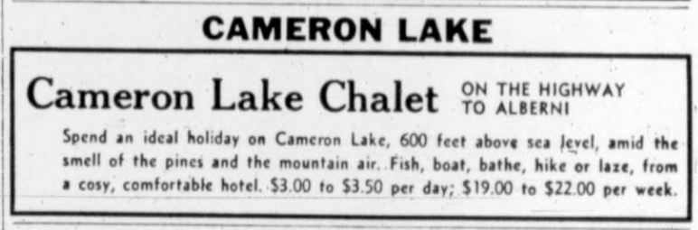 Cameron Lake Chalet ad.