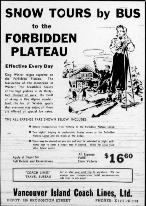 Ad for Snow Tours by Bus to the Forbidden Plateau, Vancouver Island Coach Lines, Ltd.