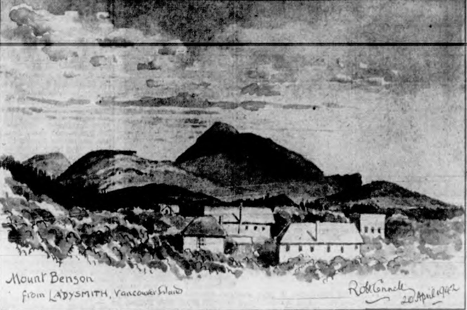 Artisit’s black and white rendering of Mount Benson from Ladysmith, dated 20 April 1942. 