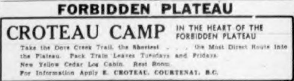 Ad for Croteau Camp, In the Heart of the Forbidden Plateau.