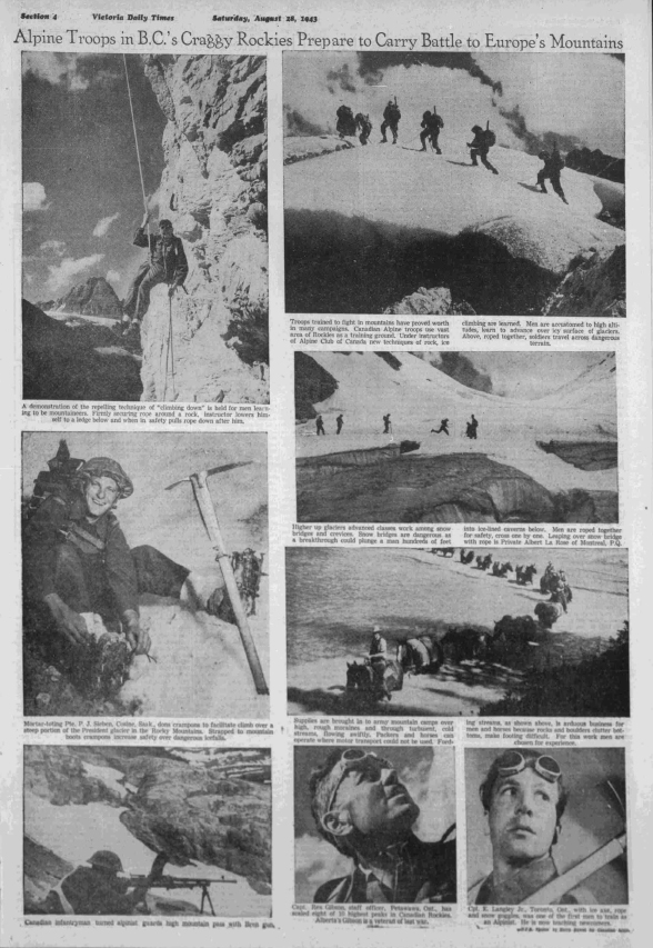 Eight black-and-white photos in a full-page spread depicting mountaineering exploits.