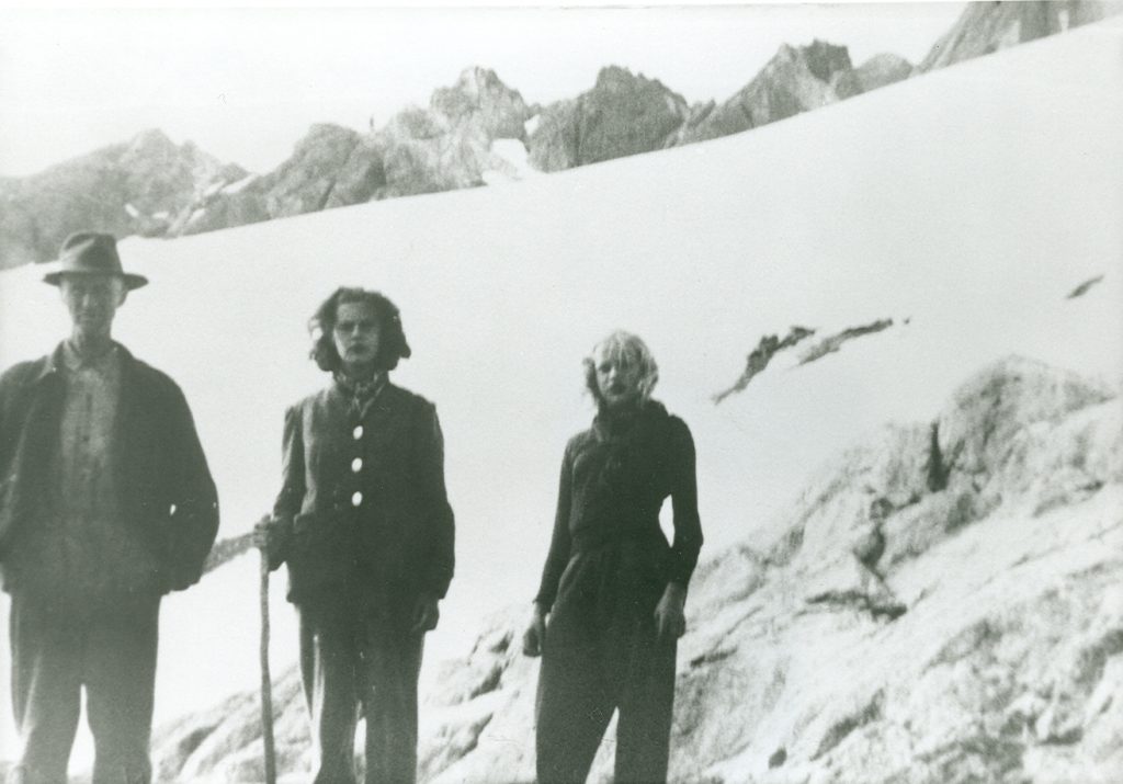 Fred Drinkwater and his two daughters on the glacier below Nine Peaks 1945.