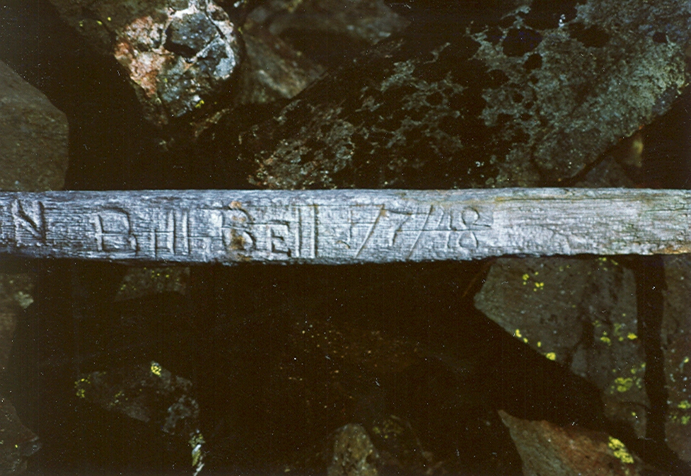 A stick found on the summit of Iceberg Peak carved by Bill Bell on 1 July 1948 - Lindsay Elms photo