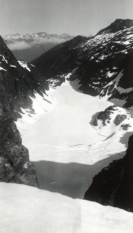 Looking down on Milla Lake from the summit of Argus Mtn. 1949 – Bill Bell photo.