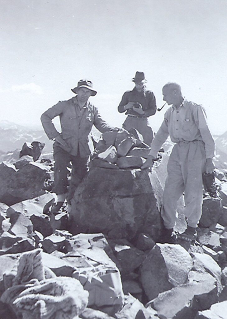 Bill Lash, Mallory Lash and Geoffrey Capes on the summit of Elkhorn 1949 – Charles Nash photo.