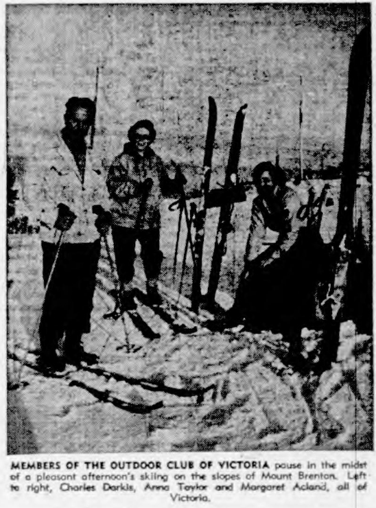MEMBERS OF THE OUTDOOR CLUB OF VICTORIA pause in the midst of a pleasant afternoon's skiing on the slopes of Mount Brenton. Left to right, Charles Darkis, Anna Taylor and Margaret Acland, all of Victoria.