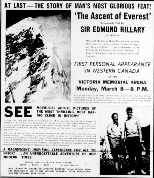 Ad for the Sir Edmund Hillary talk, Monday, March 8, 1954.