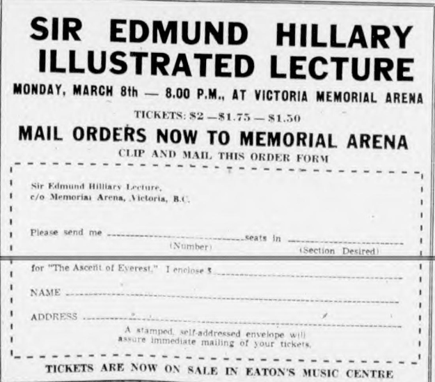 Order form for tickets to the Sir Edmund Hillary talk, Monday, March 8, 1954.