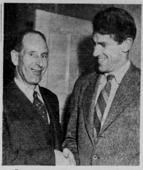 Bill Lash, chairman of the Victoria section of the Alpine Club of Canada with Sir Edmund Hillary.