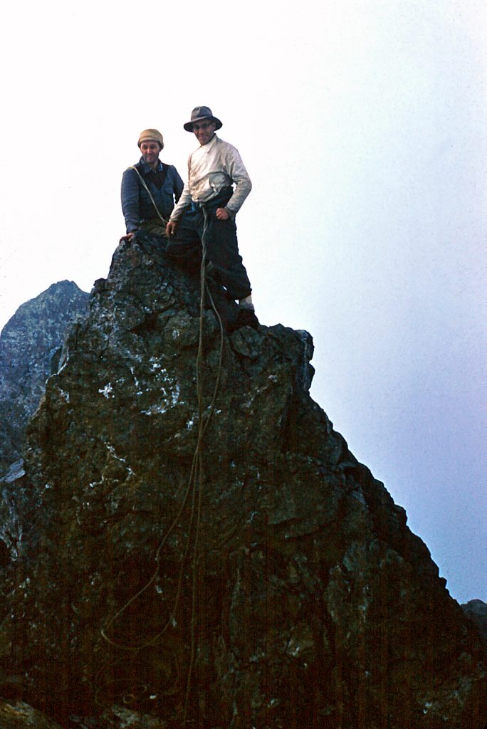 Karl Ricker and Hugh Neave on the Southwest summit of Mt. Colonel Foster 1957 - Karl Ricker photo.