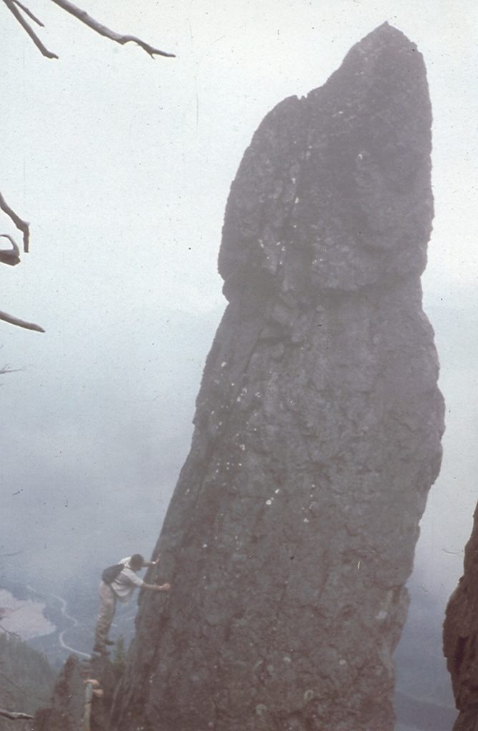 A rock tower near the summit of Mt. DeCosmos, 1957. Pat Guilbride photo.