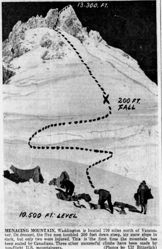 MENACING MOUNTAIN, Waddington is located 170 miles north of Vancouver. On descent, the five men tumbled 200 feet down steep, icy snow slope in dark, but only two were injured. This is the first time the mountain has been scaled by Canadians. Three other successful climbs have been made by top-flight U. S. Mountaineers. (Photos by Ulf Bitterlich)