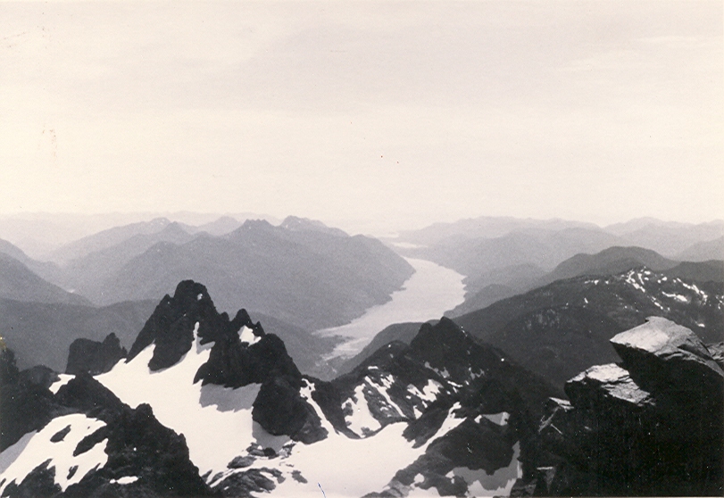 The view from the summit of Rugged Mountain looking towards the South Blade and Tahsis Inlet 1959 – George Lepore photo.