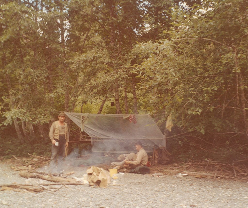Frank Stapley and Dave Williamson at a fly camp near Stewart Lake on their way to climb Victoria Peak August 1960 - Frank Stapley photo.
