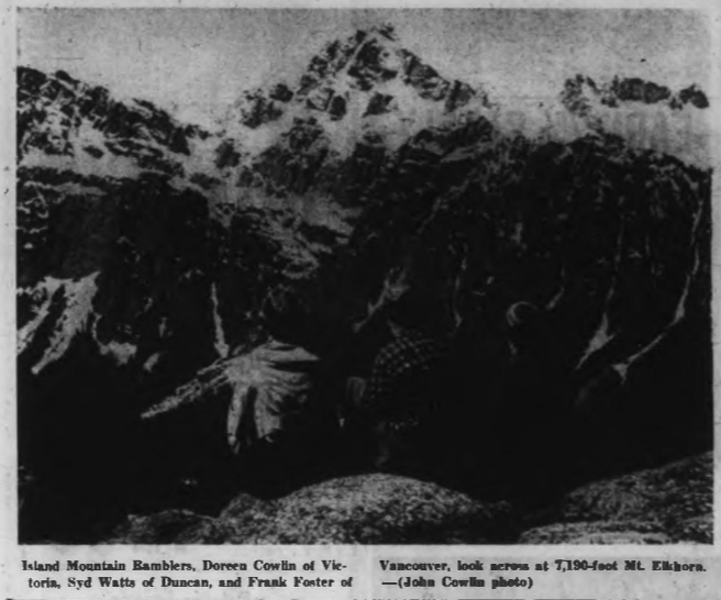 Island Mountain Ramblers, Doreen Cowlin of Victoria, Sydney Watts of Duncan, and Frank Foster of Vancouver, look across at 7,190-foot Mt. Elkhorn. — (John Cowlin photo) 