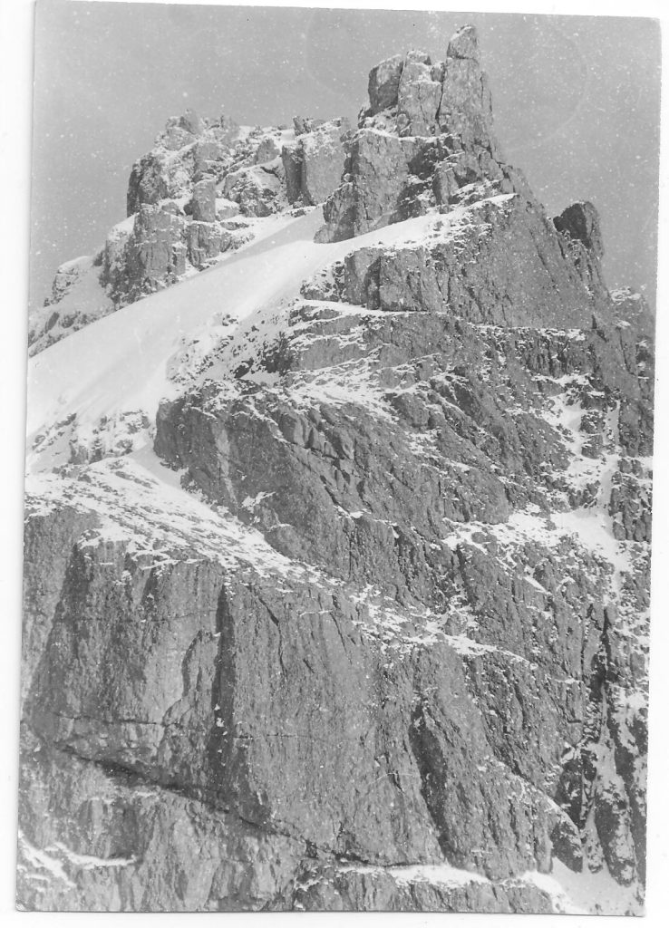 Looking up at the gendarme on Elkhorn 24 March 1968 – Alastair Watt photo.