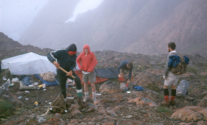 Facer, Walsh and Tustin preparing to leave camp on the North Col to climb Rugged Mountain. Tom Volkers (hoodie) stayed in camp 6 August 1968 – Ralph Hutchinson photo.