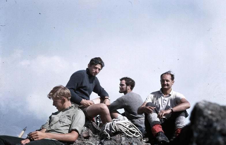 The summit of Rugged Mountain 6 August 1968. L to R: Blair Paterson, Mike Walsh, Ron Facer, Ralph Hutchinson – Ralph Hutchinson photo.