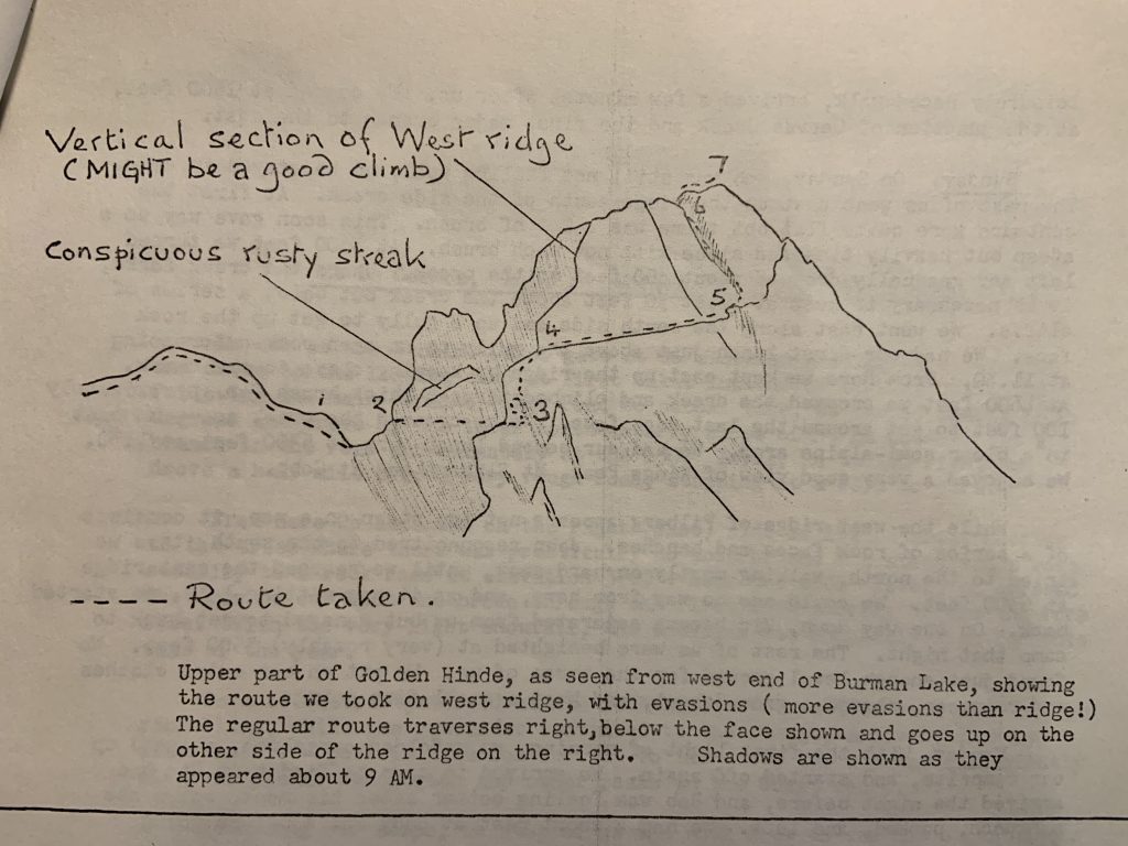 John Gibson’s drawing of the route on the west ridge/south face of the Golden Hinde 1969