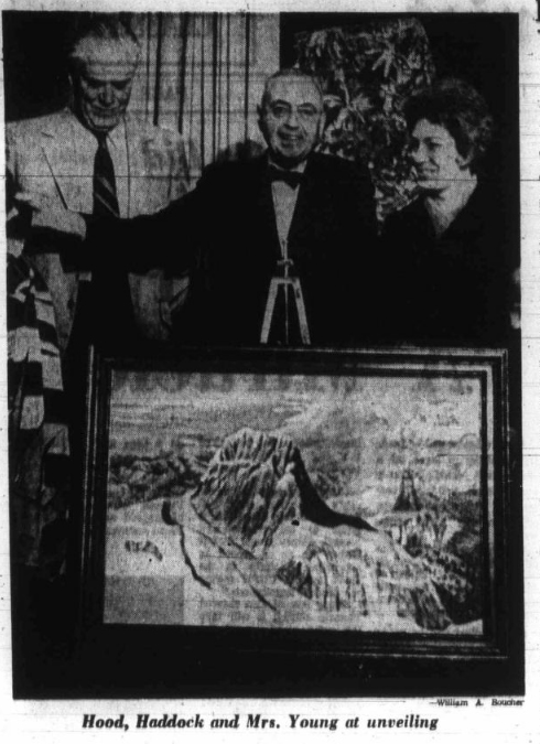 Hood, Haddock and Mrs. Young at unveiling. — William A. Boucher photo.