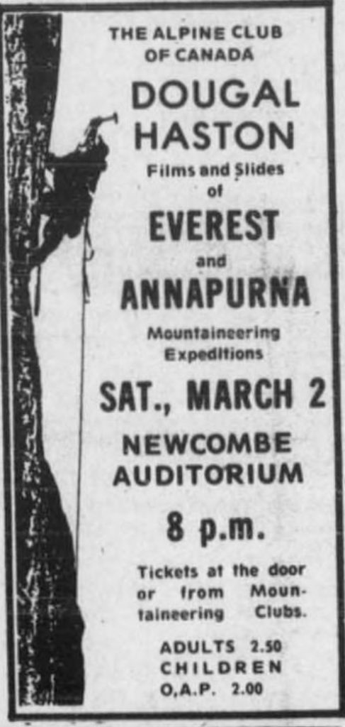 Dougal Haston, Films and Slides of Everest and Annapurna, Sat., March 2, Newcombe Auditorium, 8 p.m., Adults 2.50, Children O.A.P. 2.00