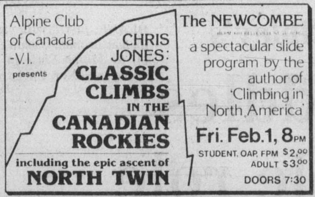 Text advertisement for a slide show: “Classic Climbs in the Canadian Rockies” by Chris Jones, at the Newcombe Theatre. 