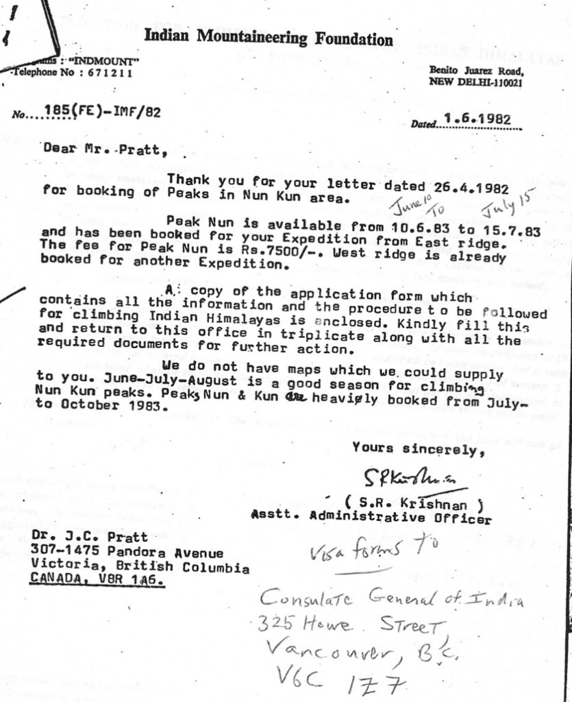 Letter from the Indian Mountaineering Foundation dated June 1, 1982 to Dr. J.C. Pratt, informing that Nun Peak is available to be climbed from June 10 to July 15, 1983.