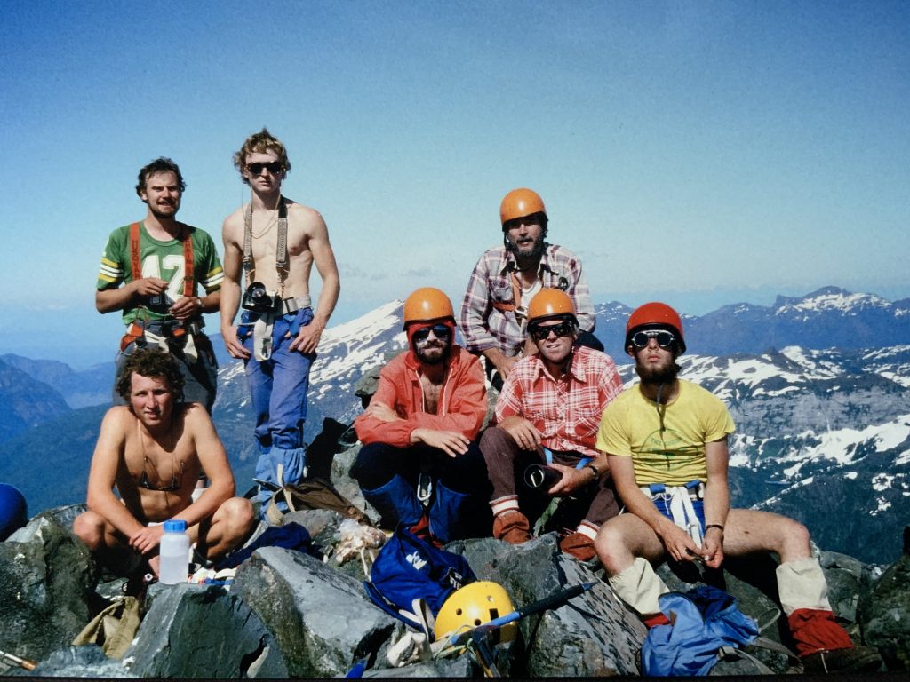 An ACCVI party on the summit of the Golden Hinde 30 July 1983. L to R sitting – Don Newman, Brian Money, Dave Routledge, John Gresham. L to R standing – Cliff Syroid, Jim Sanford, Albert Hestler.