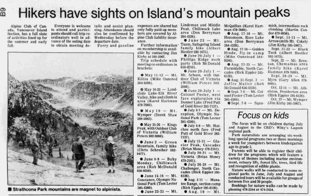 Image of newspaper article entitled, “Hikers have sights on Island’s mountain peaks”. Includes recreation calendar.