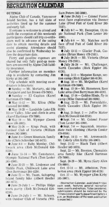 Image of newspaper-printed article entitled, Recreation Calendar. Includes ACCVI trip schedule from Sunday, May 5, 1985 to October 27, with short descriptions, leader’s name and phone number. 