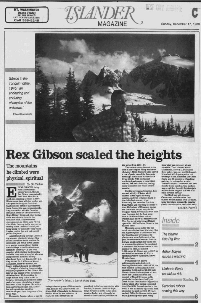 Islander Magazine, Sunday, December 17, 1989, article, “Rex Gibson scaled the heights.”