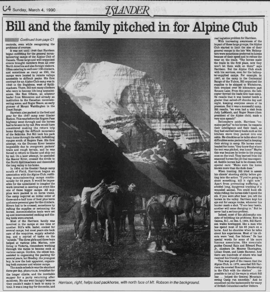 Islander Magazine, Sunday, March 4, 1989, article, “Bill and the family pitched in for the Alpine Club.”