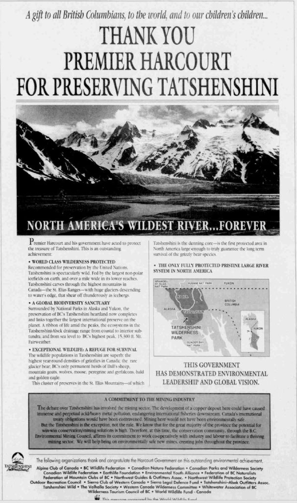 Article acknowledging the preservation of the Tatshenshini River.