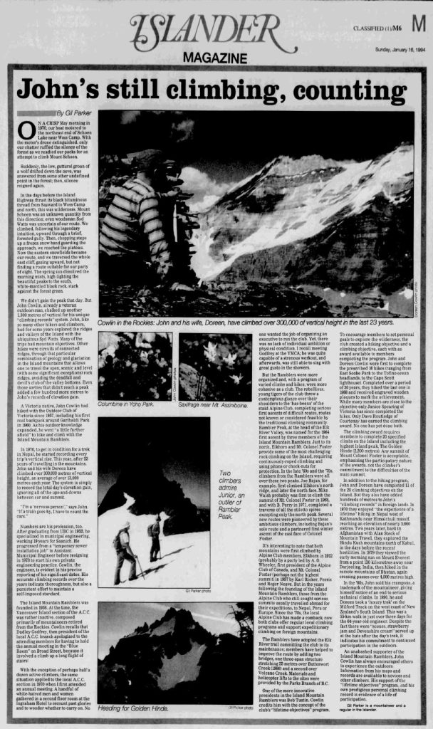 Islander Magazine, Sunday, January 16, 1994, article, “John still climbing, counting.”