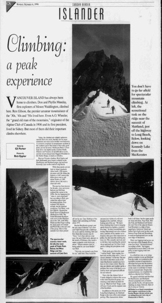 Islander Magazine, Sunday, October 6, 1996, article, “Climbing: a peak experience.”
