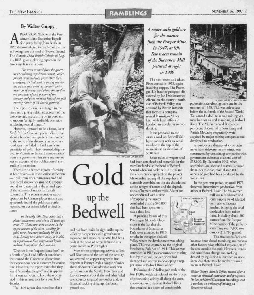 Islander Magazine, Sunday, November 16, 1997, article, “Gold up the Bedwell.”